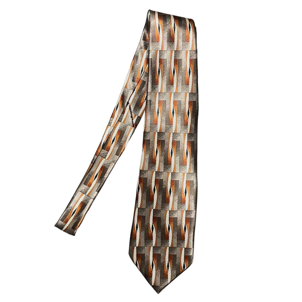 DeSantis Collection Italian Silk Tie Necktie Geometric Pattern Orange Tan Wide